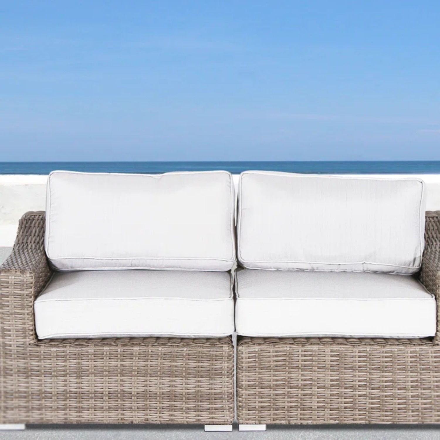 Chic Wide Outdoor Loveseat With Cushions brown wicker white cushions two seat HouseOfZazla on Tampa Home & Garden Store