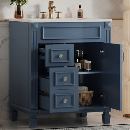 Bathroom vanity with sink, blue cabinet, white countertop, 2 drawers and adjustable shelf on Tampa Home & Garden Store
