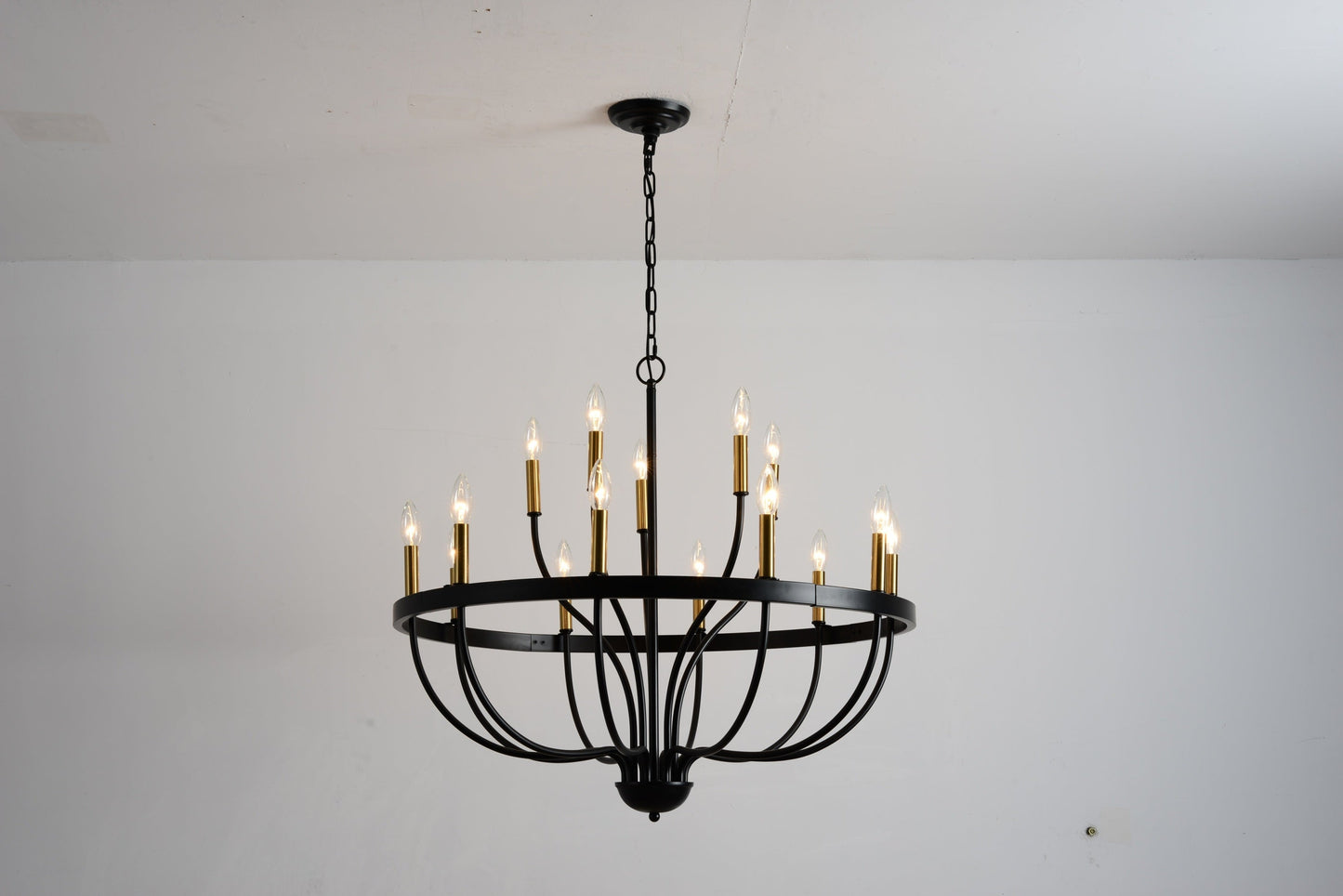 18-Light Industrial Iron Chandelier with black frame and gold candle cups hanging from chain on Tampa Home & Garden Store