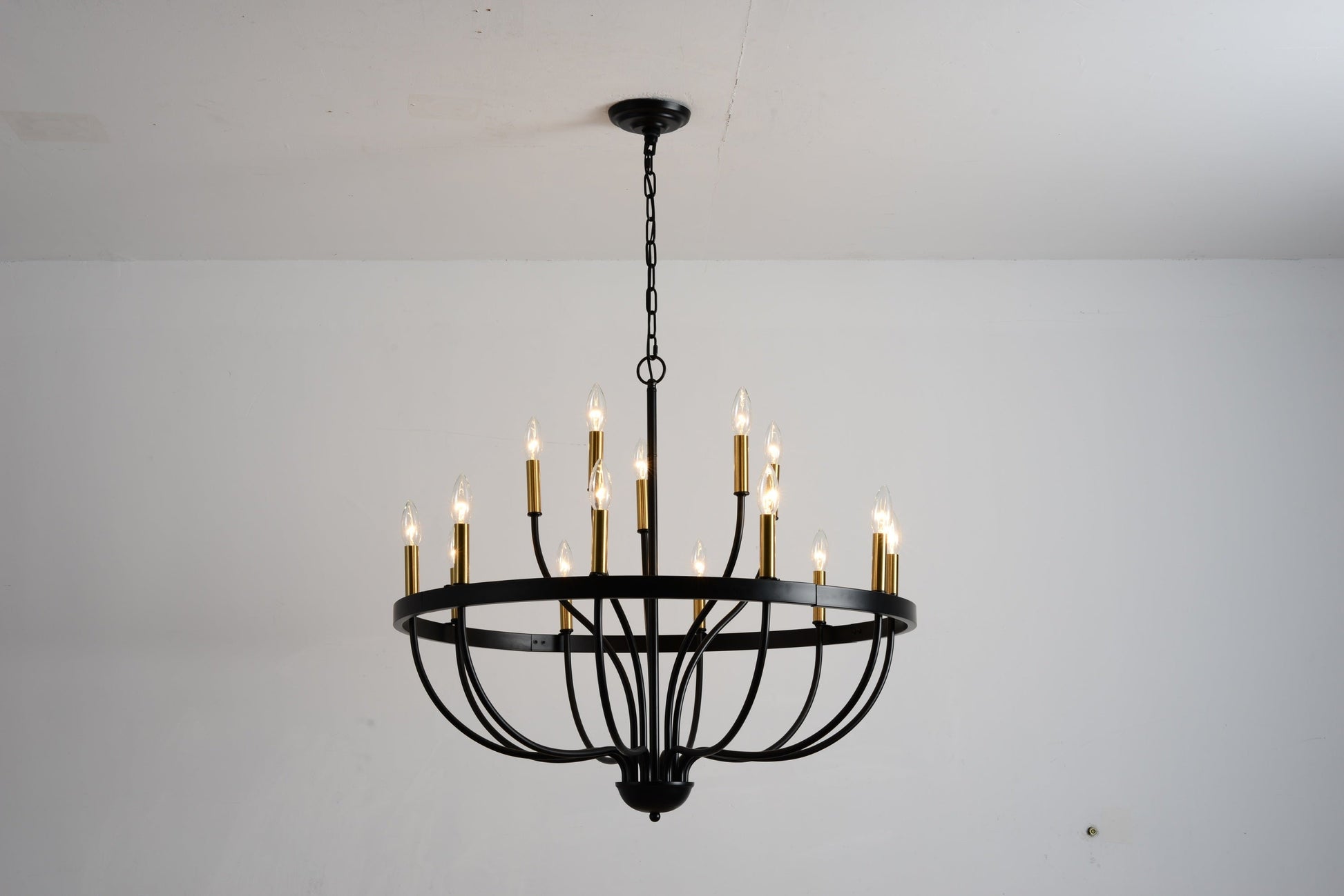 18-Light Industrial Iron Chandelier with black frame and gold candle cups hanging from chain on Tampa Home & Garden Store