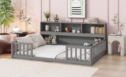 Floor Bed With Side Bookcase and Guard Rails