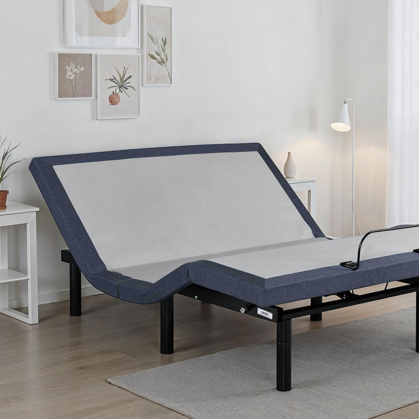 Full adjustable bed base by HouseOfZazla in gray with navy border and dual head/foot positioning on Tampa Home & Garden Store