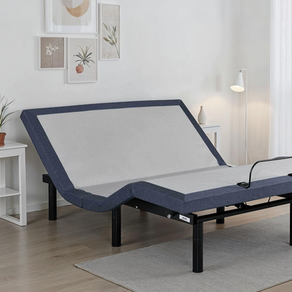 Full adjustable bed base by HouseOfZazla in gray with navy border and dual head/foot positioning on Tampa Home & Garden Store