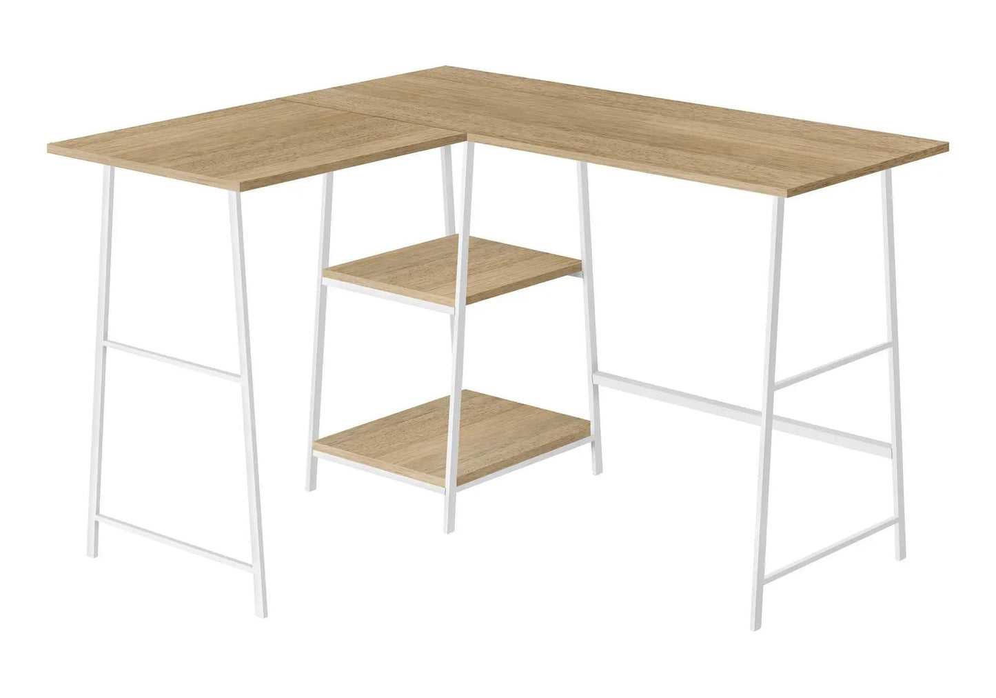 L-shaped computer desk with light oak top and white metal frame, built-in storage shelves on Tampa Home & Garden Store