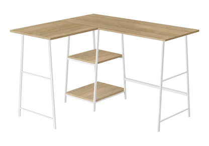 L-shaped computer desk with light oak top and white metal frame, built-in storage shelves on Tampa Home & Garden Store