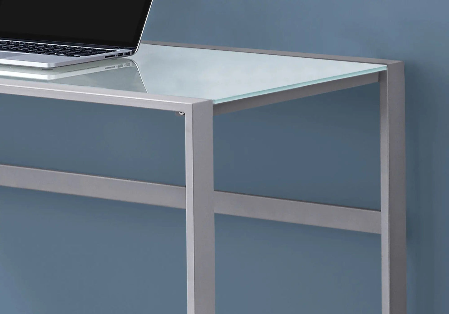 Computer desk glass top with silver metal frame; laptop on left, Unique Piece Furniture on Tampa Home & Garden Store