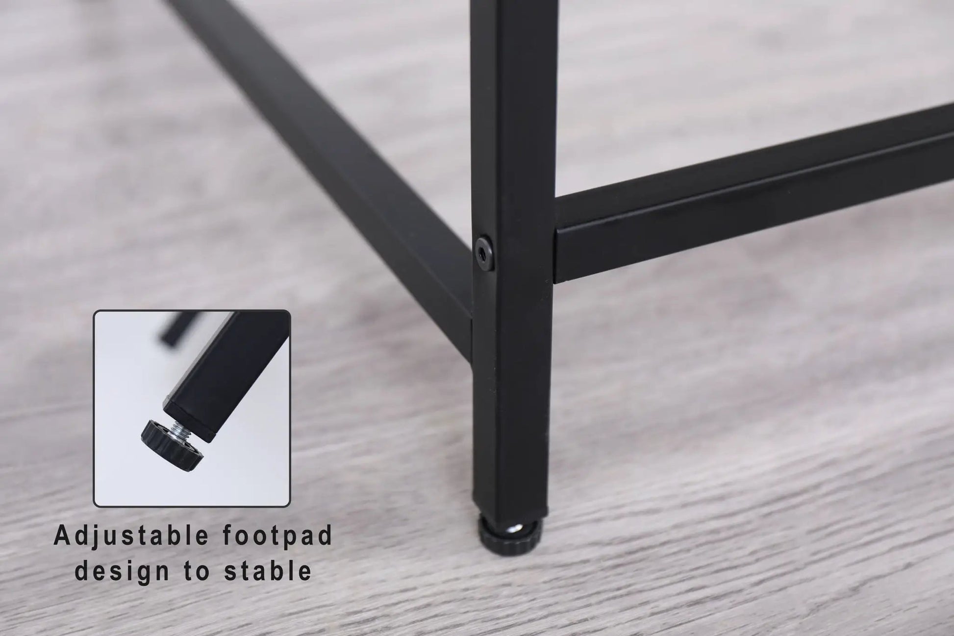 Narrow black metal console table with adjustable footpads for entryways on Tampa Home & Garden Store