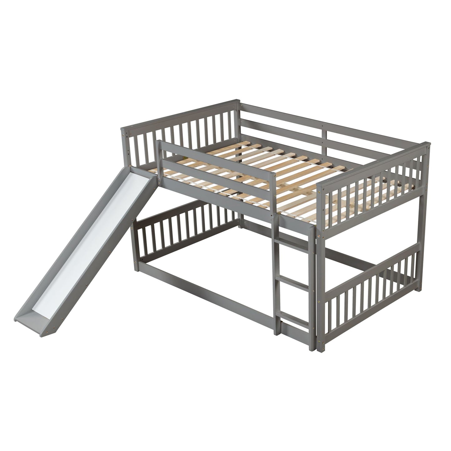Bunk bed with slide and ladder, gray metal frame with wooden slats, HouseOfZazla on Tampa Home & Garden Store