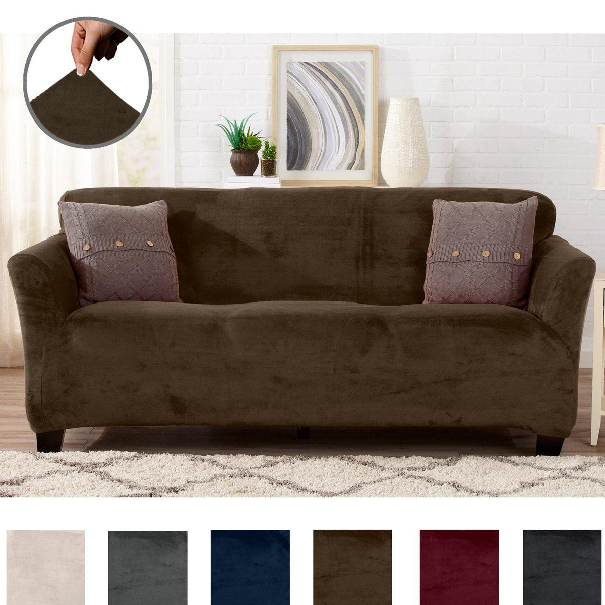 Velvet Stretch Slipcover Gale Collection brown sofa cover by Great Bay Home on Tampa Home & Garden Store