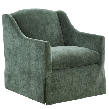 Skirted swivel accent chair in dark green velvet fabric with curved arms on Tampa Home & Garden Store