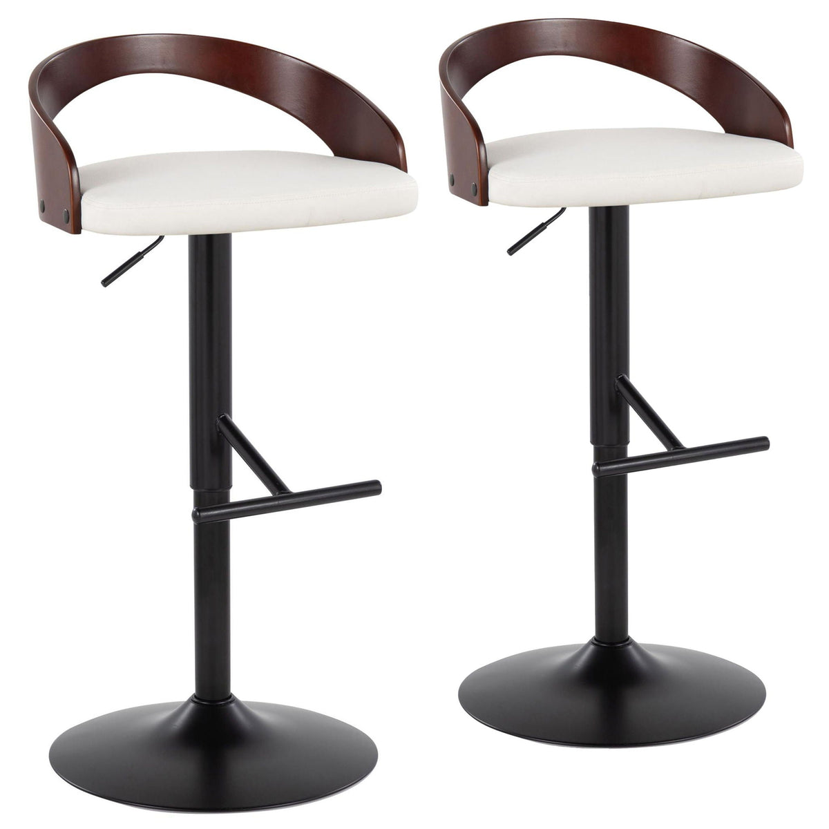 Pair of brown adjustable bar stools with white cushions, swivel & footrests on pedestal bases on Tampa Home & Garden Store