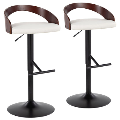 Pair of brown adjustable bar stools with white cushions, swivel & footrests on pedestal bases on Tampa Home & Garden Store