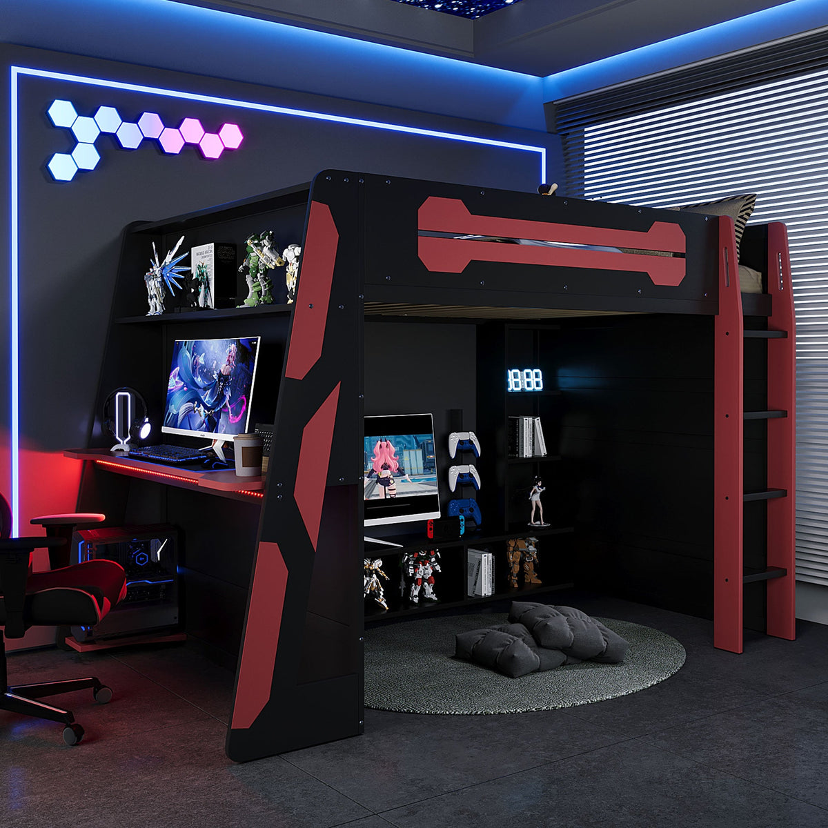 Full Size Wood Loft Bed with Desk, RGB lighting, black with red accents, multi storage shelves on Tampa Home & Garden Store