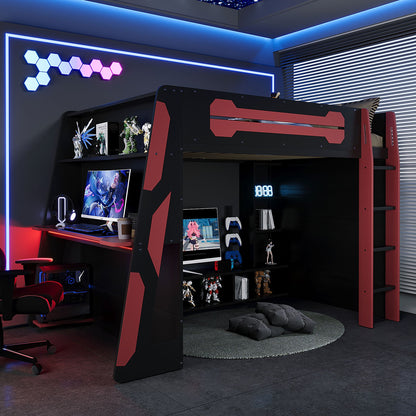 Full Size Wood Loft Bed with Desk, RGB lighting, black with red accents, multi storage shelves on Tampa Home & Garden Store