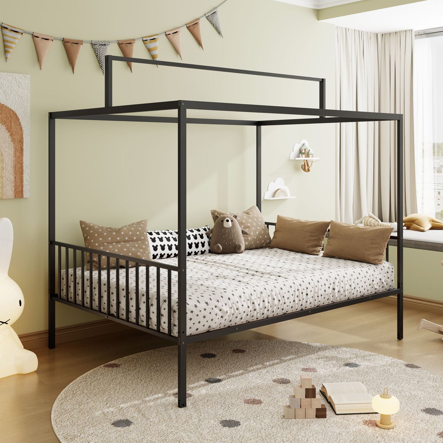 3 In 1 Convertible Montessori Floor Bed with Fenced Guard Rails, black metal frame on Tampa Home & Garden Store