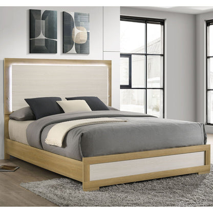 Lincoln LED panel bed with touch light headboard in light oak finish and grey bedding on Tampa Home & Garden Store