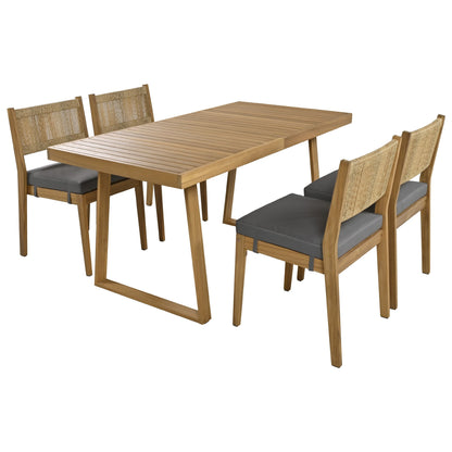 U_Style acacia wood outdoor dining table set with four woven-back chairs and gray cushions on Tampa Home & Garden Store
