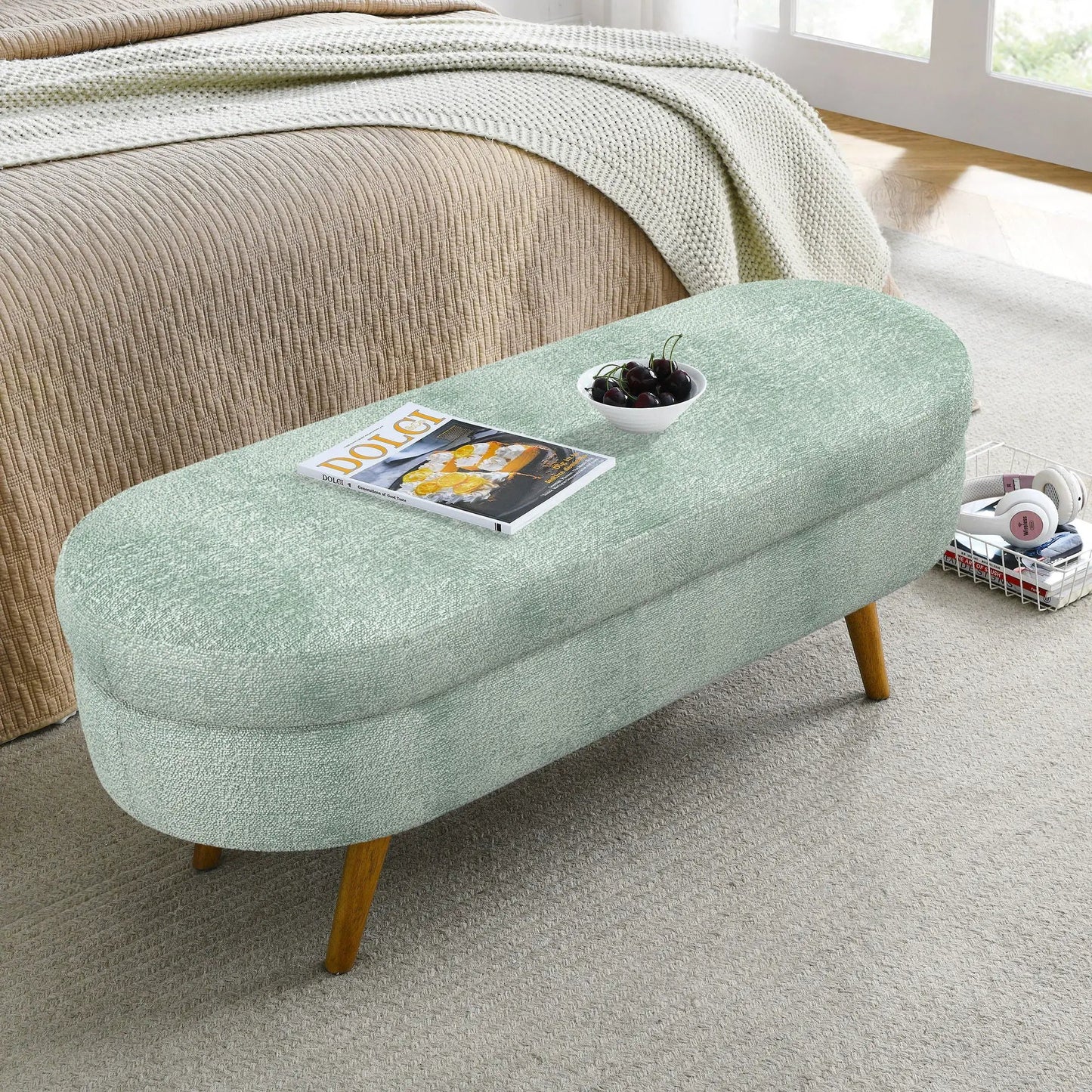 Ottoman Oval Storage Bench With Rubber Wood Legs