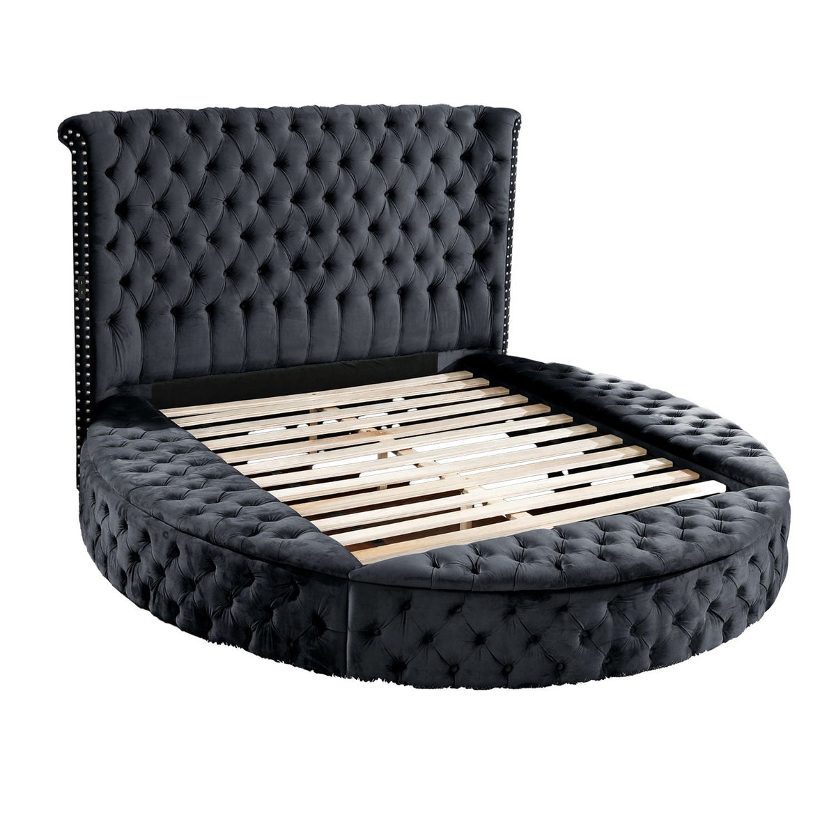 Hazel storage bed by HouseOfZazla in black tufted velvet with nailhead trim and wooden base on Tampa Home & Garden Store