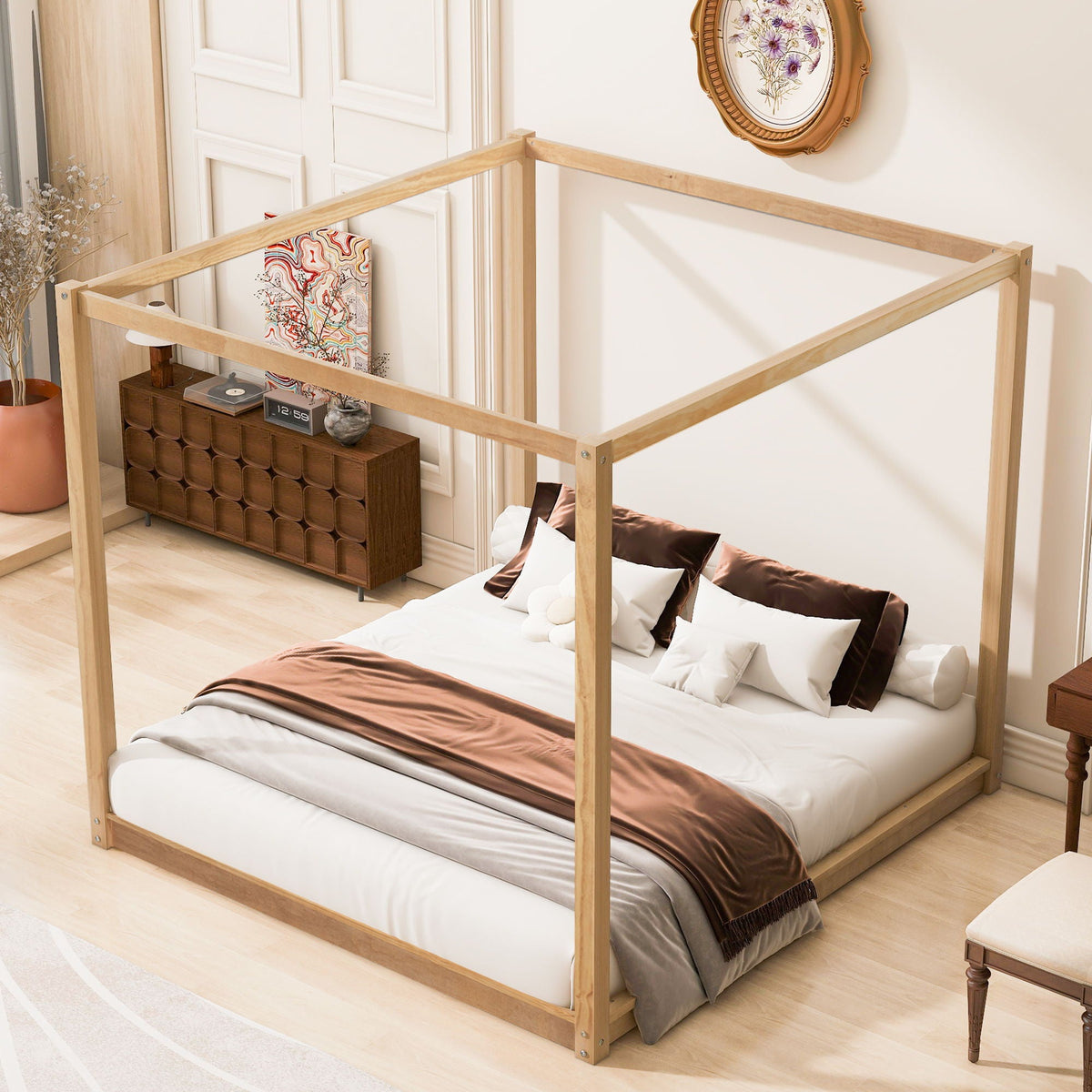 Wood canopy platform bed frame with airflow slats and support legs HouseOfZazla on Tampa Home & Garden Store