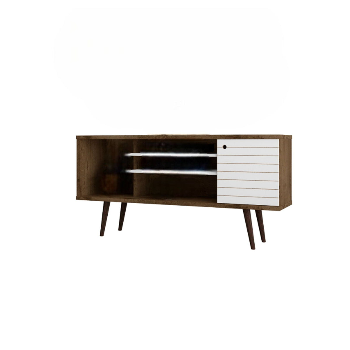 HouseOfZazla TV stand with storage, brown wood, white slatted drawers, angled legs on Tampa Home & Garden Store
