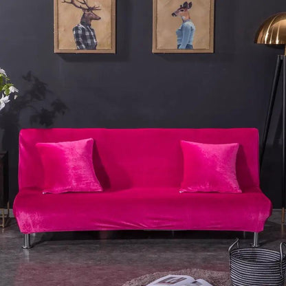 Velvet armless folding sofa bedspread by FLIPSTYLEZLLC in pink with two cushions on Tampa Home & Garden Store