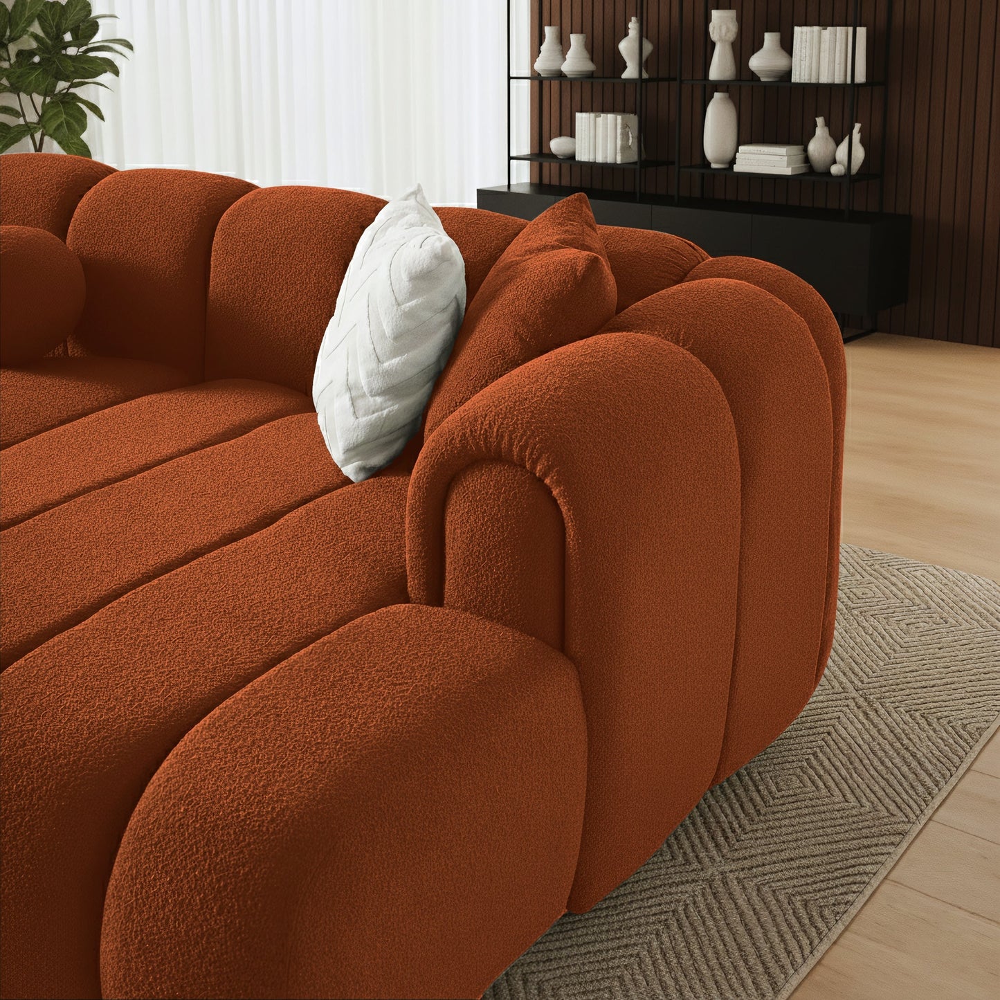 Beatrice Modern Tufted Sectional - Burnt textured orange upholstery in a modern living room on Tampa Home & Garden Store