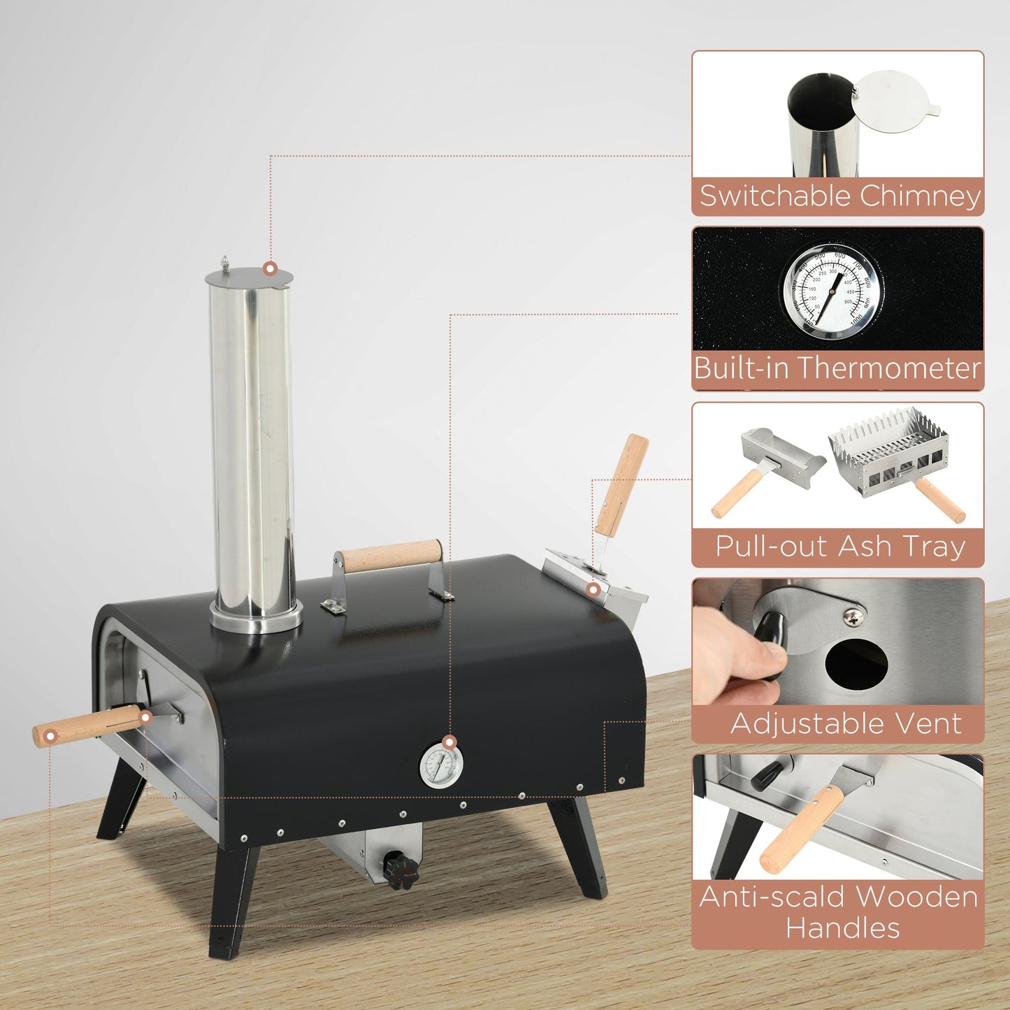 Outsunny pizza oven with 12-inch rotating stone and foldable legs, metal body thermometer on Tampa Home & Garden Store