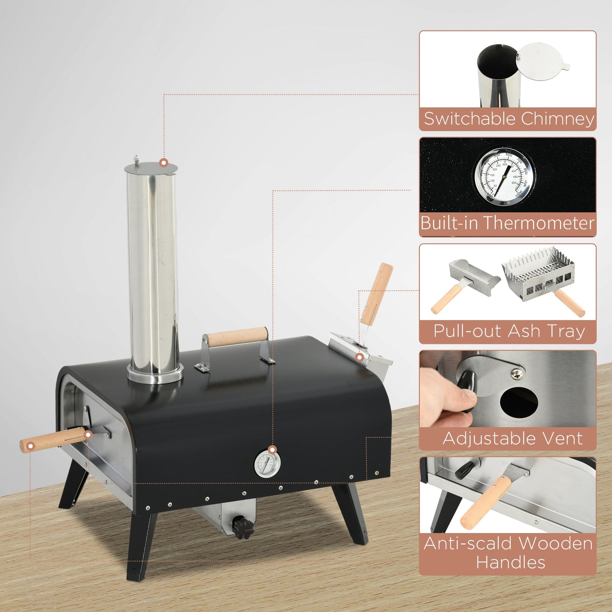 Outsunny pizza oven with 12-inch rotating stone and foldable legs, metal body thermometer on Tampa Home & Garden Store