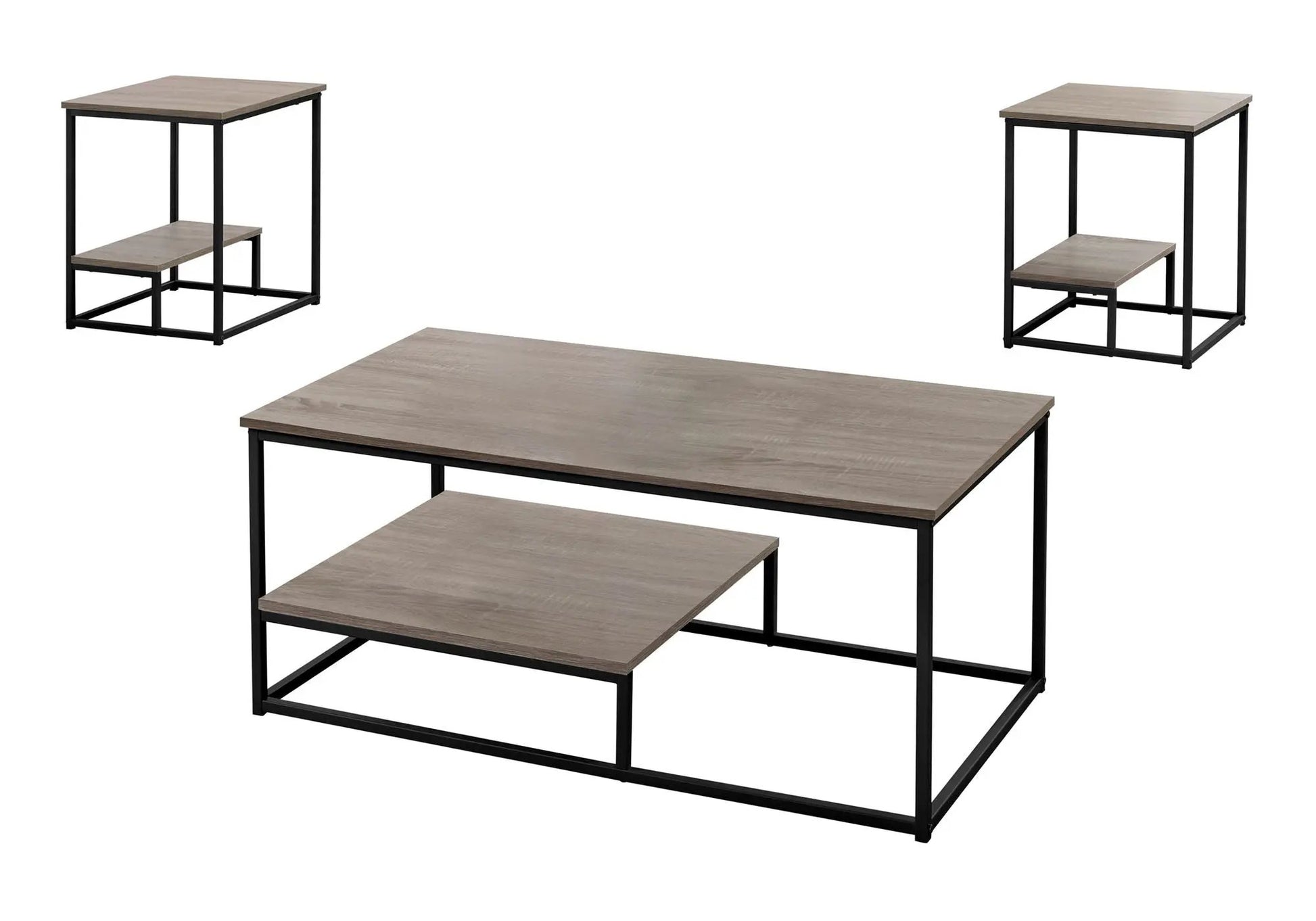 Table set of 3 coffee end side tables with wood tops and black metal frames on Tampa Home & Garden Store