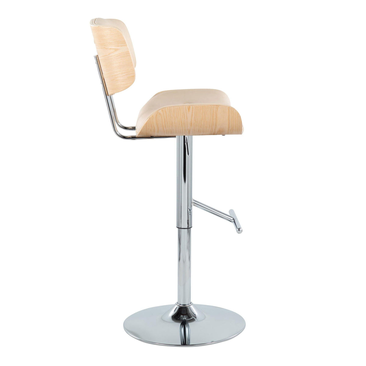 Contemporary adjustable barstool with swivel, beige wood seat and back, chrome base on Tampa Home & Garden Store
