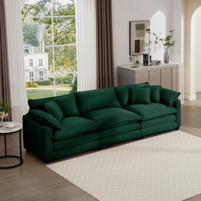 Mid-Century Modern 3-Seater sectional sofa in emerald green corduroy with arm and throw pillows on Tampa Home & Garden Store