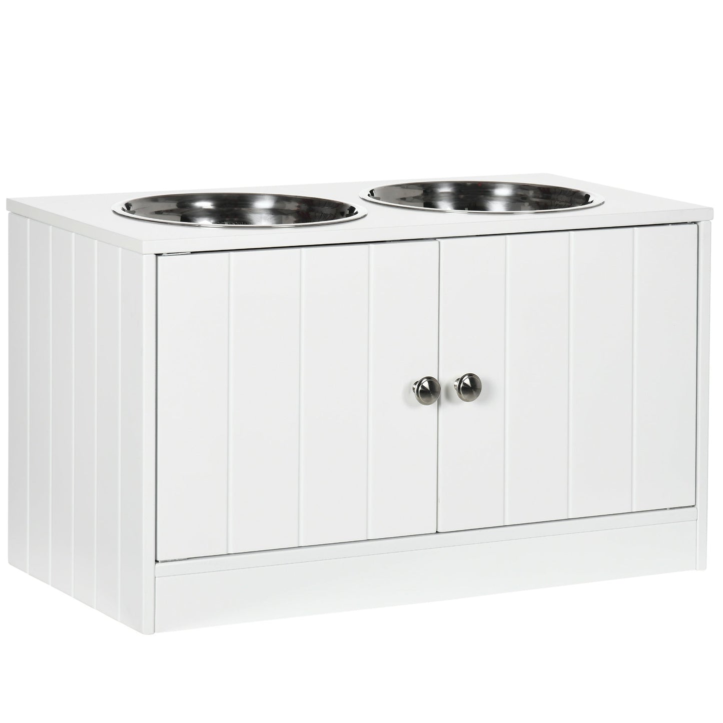 PawHut elevated dog bowls with storage cabinet, white unit and two stainless steel bowls on Tampa Home & Garden Store