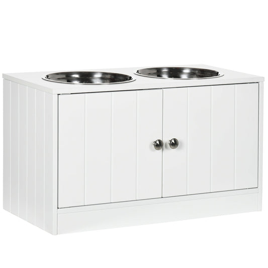 PawHut elevated dog bowls with storage cabinet, white unit and two stainless steel bowls on Tampa Home & Garden Store