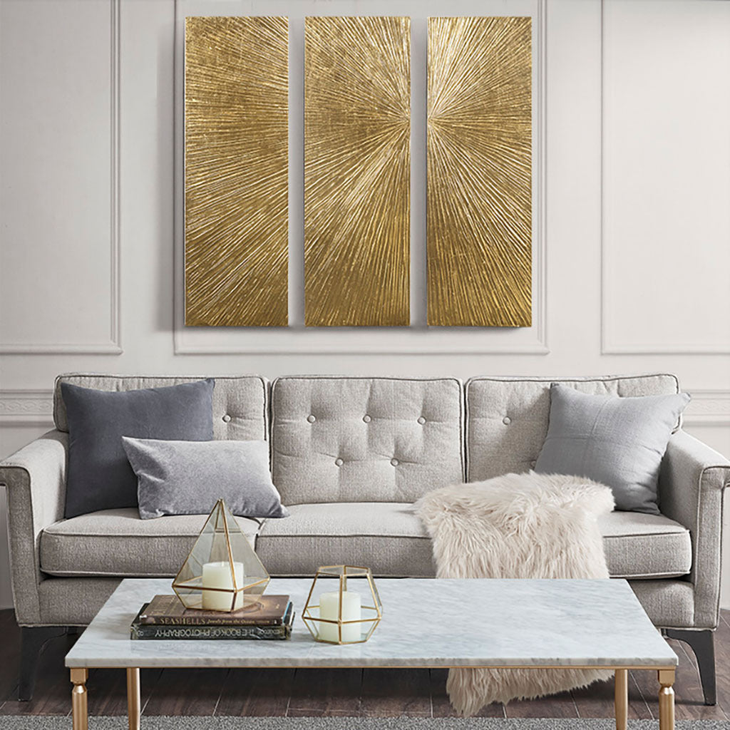 Lumina Aurea Sunburst Triptych wall art in gold, hand-painted, three-panel by HouseOfZazla on Tampa Home & Garden Store