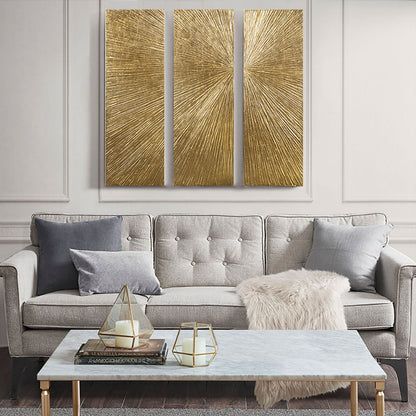 Lumina Aurea Sunburst Triptych wall art in gold, hand-painted, three-panel by HouseOfZazla on Tampa Home & Garden Store