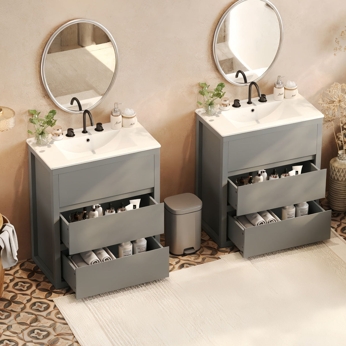 Wood double sink bathroom vanity and cabinet set; pair of gray vanities with white countertops on Tampa Home & Garden Store