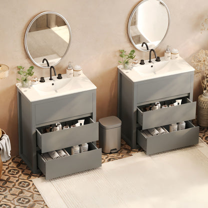 Wood double sink bathroom vanity and cabinet set; pair of gray vanities with white countertops on Tampa Home & Garden Store