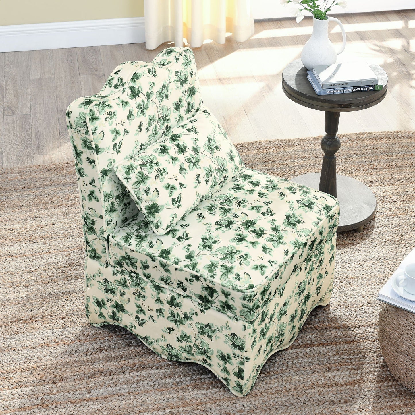 Armless chair in cream floral leaf print by HouseOfZazla with cushioned backrest on Tampa Home & Garden Store