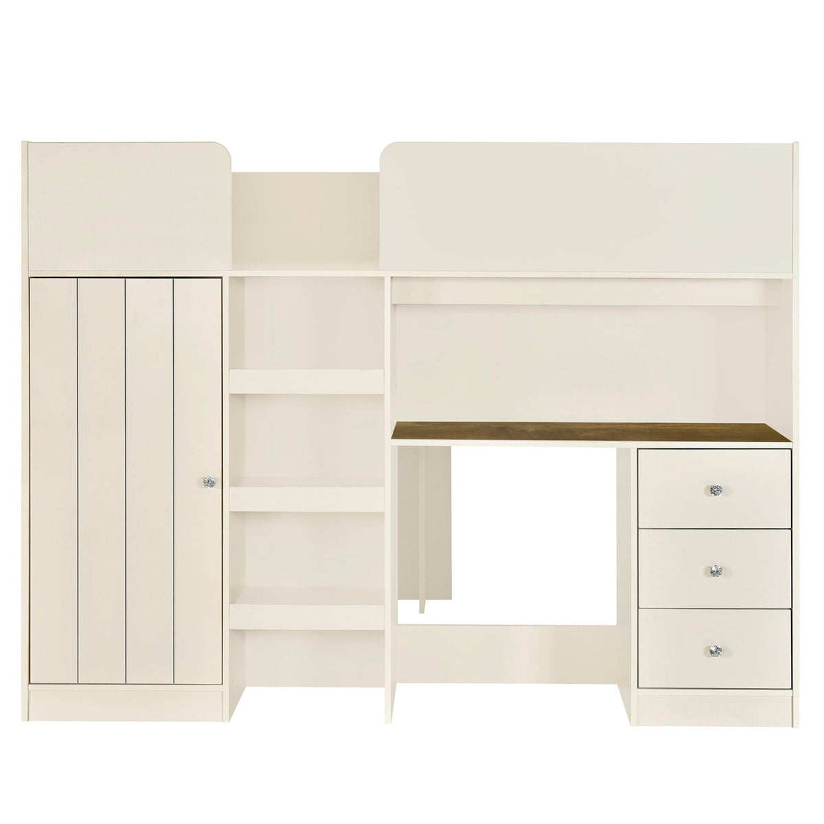 Loft bed with built-in wardrobe, desk, shelves and drawers in cream finish with crystal knobs on Tampa Home & Garden Store