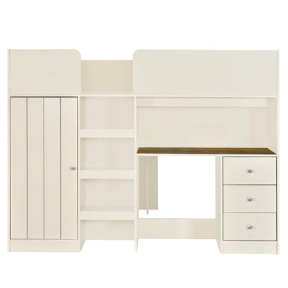 Loft bed with built-in wardrobe, desk, shelves and drawers in cream finish with crystal knobs on Tampa Home & Garden Store