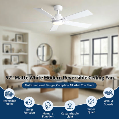 Ceiling Fan with reversible motor and integrated LED dimmable light, matte white, 5 blades on Tampa Home & Garden Store