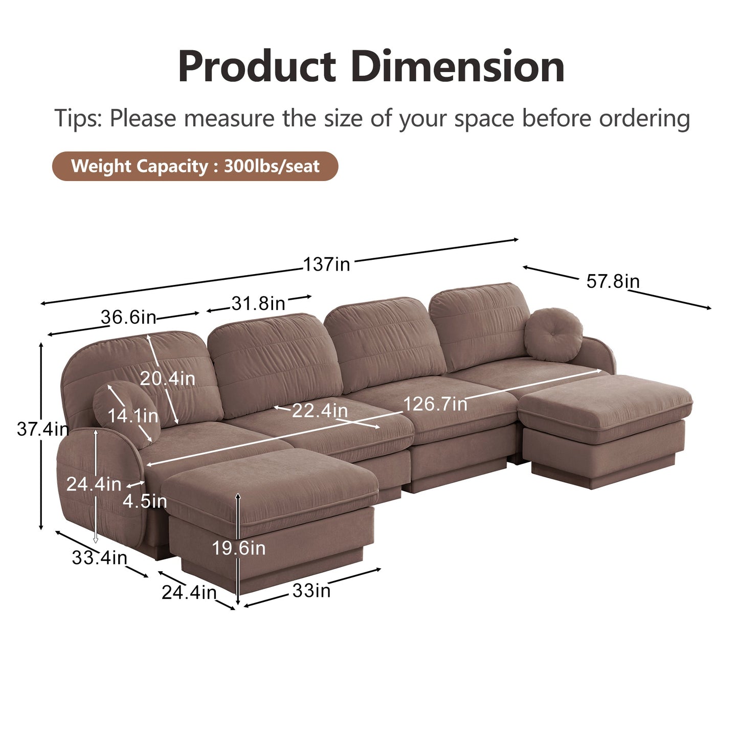 137-inch oversize chenille U-shaped sofa by HouseOfZazla in taupe brown on Tampa Home & Garden Store