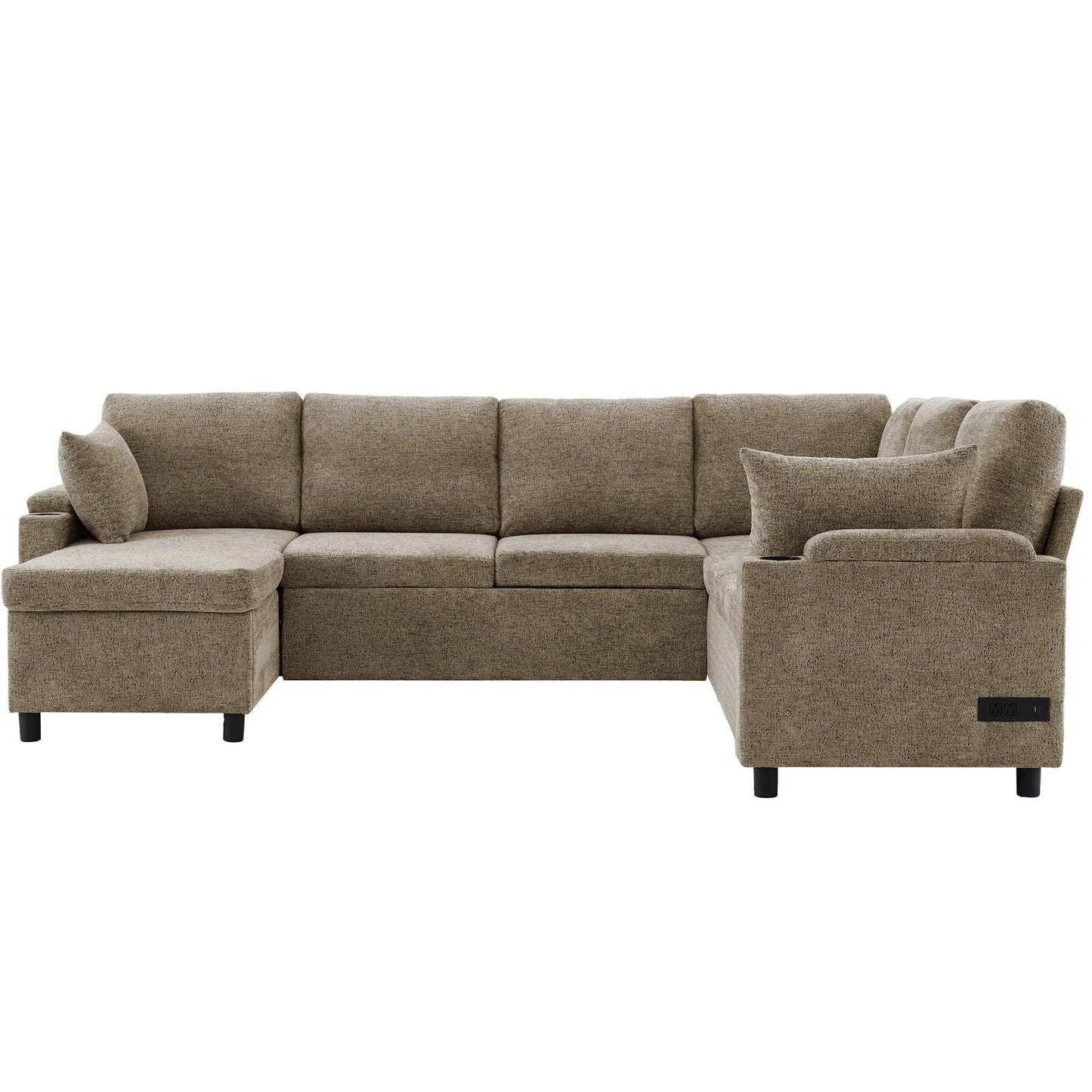 U-shaped brown fabric sectional sofa bed with storage, charging ports, and cup holders on Tampa Home & Garden Store