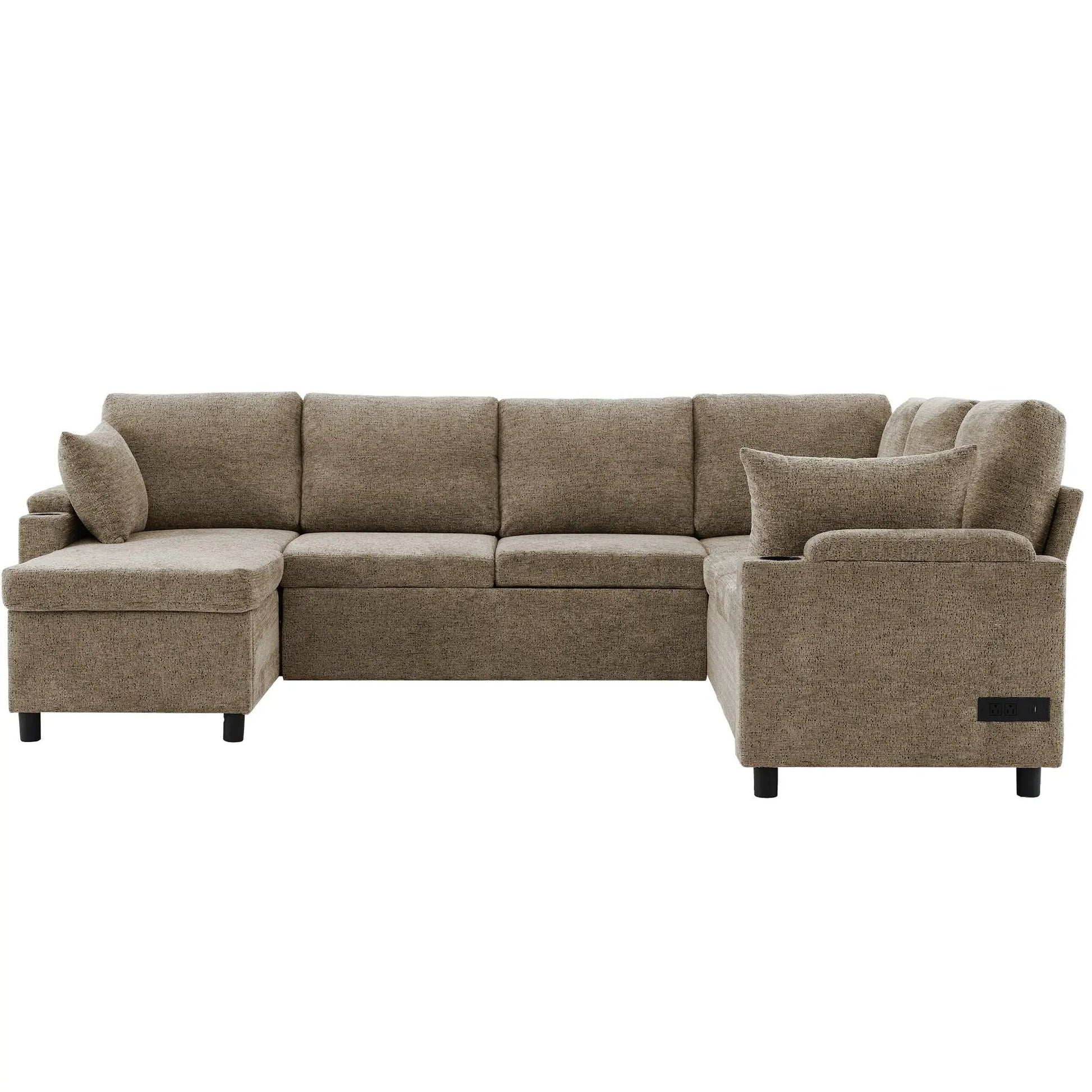 U-shaped brown fabric sectional sofa bed with storage, charging ports, and cup holders on Tampa Home & Garden Store