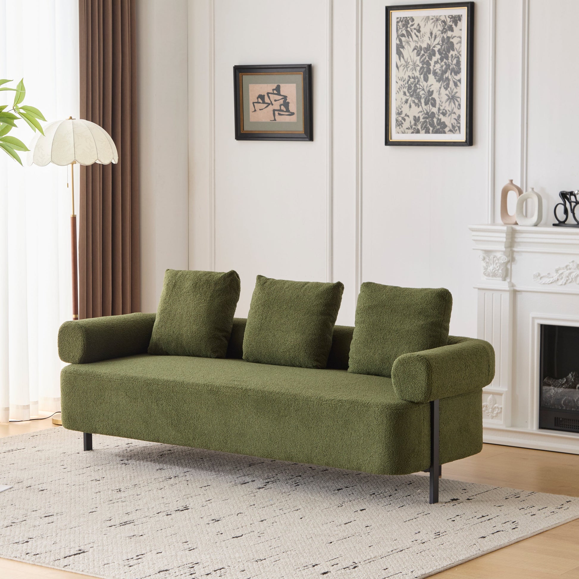 78in Modern 3-Seater Sofa by HouseOfZazla in olive-green textured fabric with 3 cushions on Tampa Home & Garden Store
