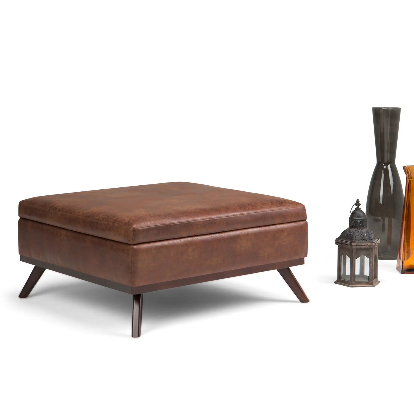 Owen multifunctional square coffee table storage ottoman in brown faux leather with angled legs on Tampa Home & Garden Store