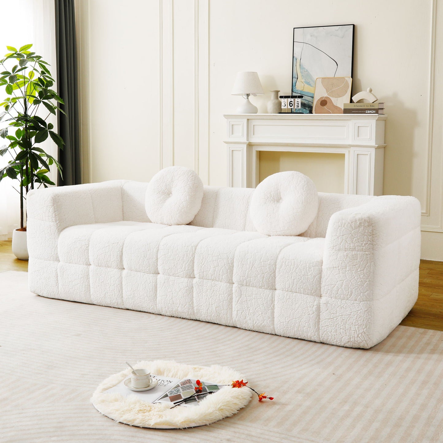 Boneless 3 Seater Sofa and Throw Pillows Beige