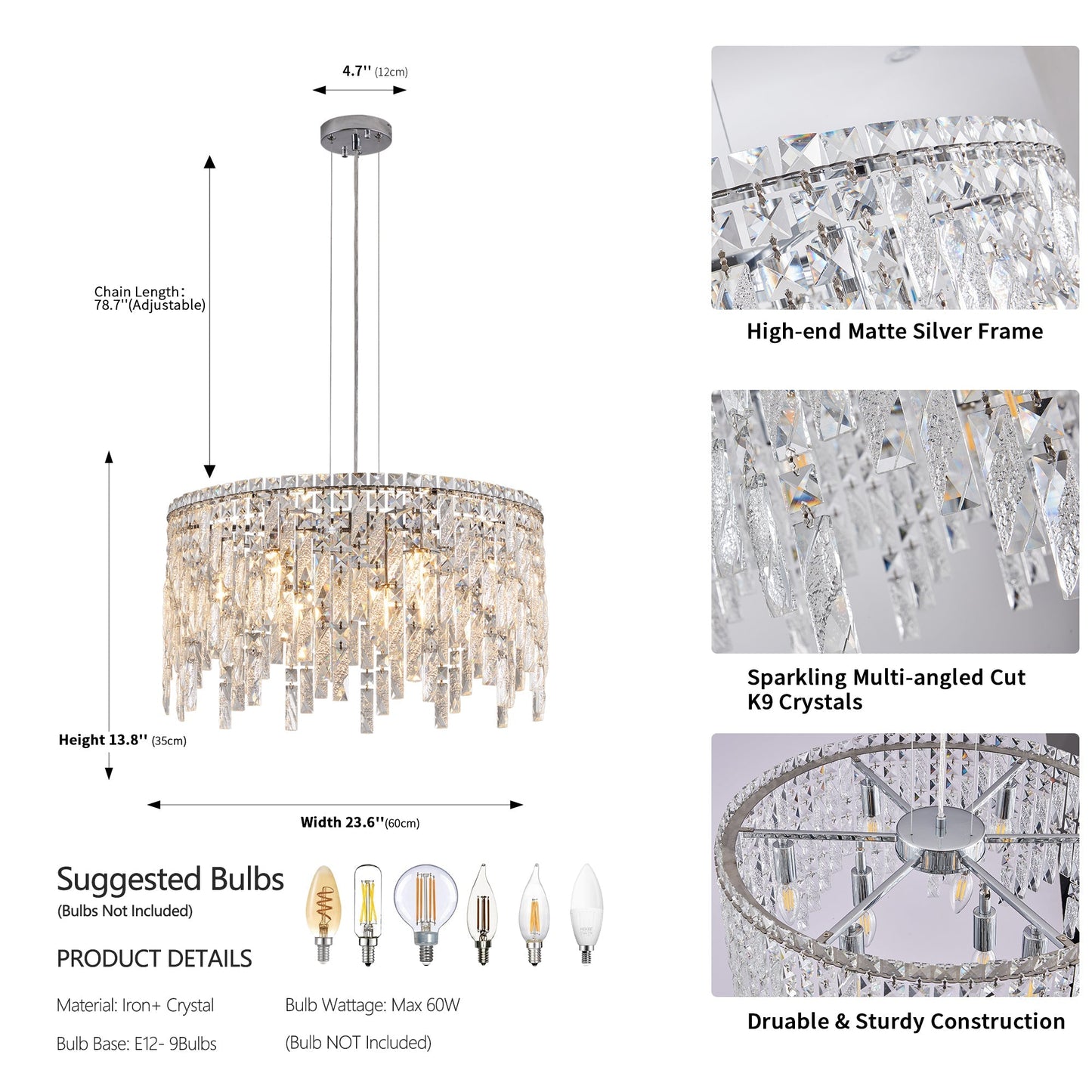 24-inch luxurious round silver crystal chandelier with matte frame and K9 crystals on Tampa Home & Garden Store