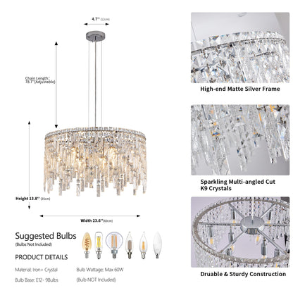 24-inch luxurious round silver crystal chandelier with matte frame and K9 crystals on Tampa Home & Garden Store